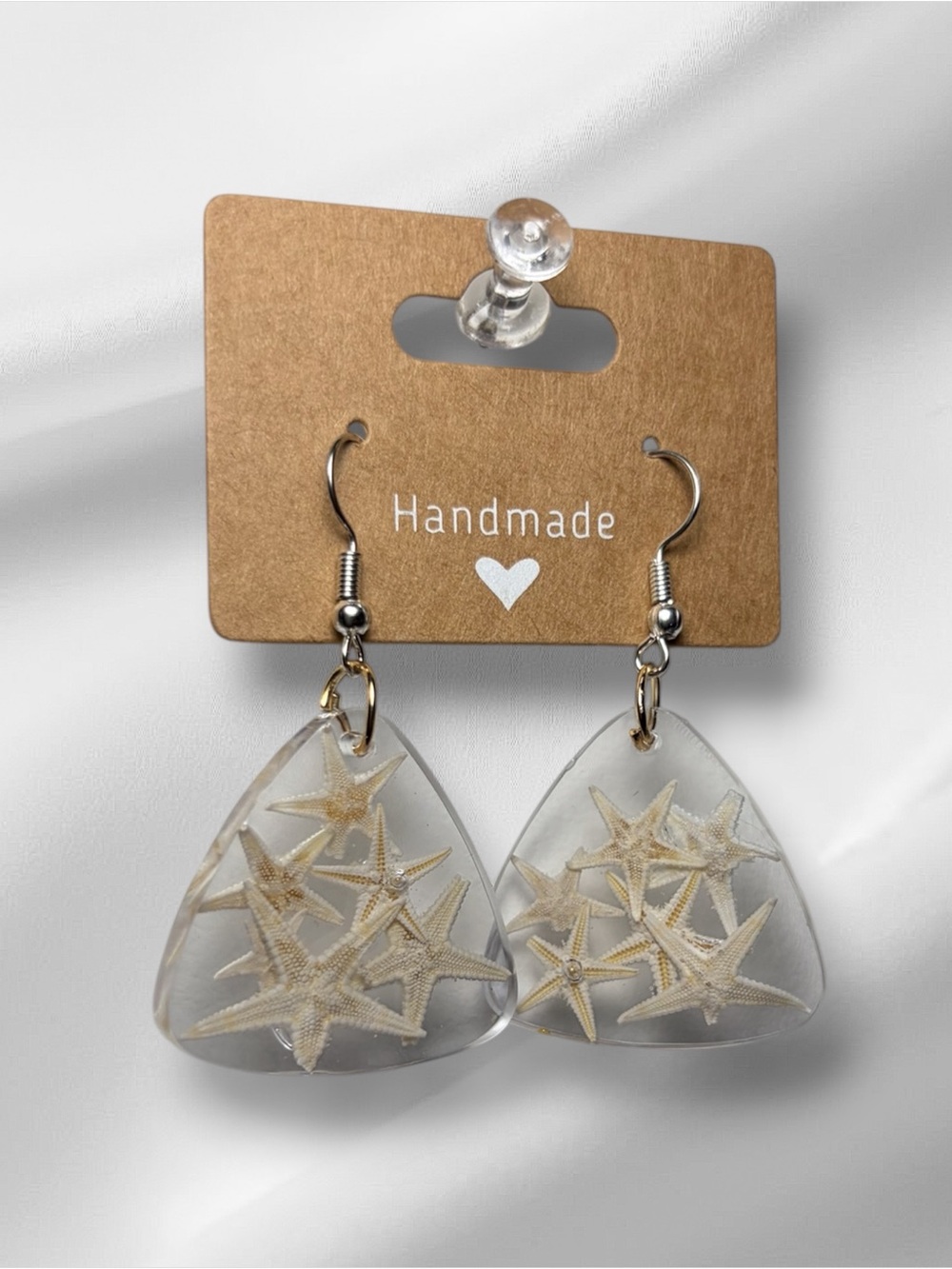 Handmade Starfish Resin Drop Earrings - Clear & Gold